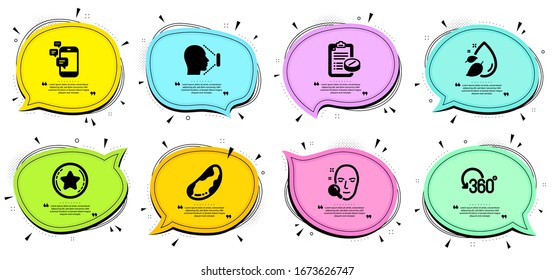 Medical prescription, Full rotation and Communication signs. Chat bubbles with quotes. Face search, Loyalty star and Water drop line icons set. Brazil nut, Face id symbols. Vector