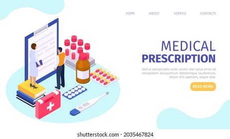 Medical prescription for health, vector illustration. Healthcare online, man patient character stand near graphic diagnosis form, web page.