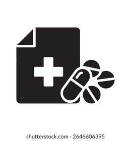 Ícone de prescrição médica com documento e pílulas representando um plano de tratamento de uma farmácia de saúde e medicamentos farmacêuticos vetor de dosagem ícone de glifo sólido