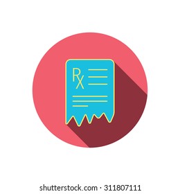 Medical prescription icon. Health document sign. Red flat circle button. Linear icon with shadow. Vector
