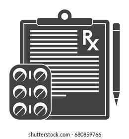 Medical prescription icon with pharmaceutical drug and pencil, vector silhouette