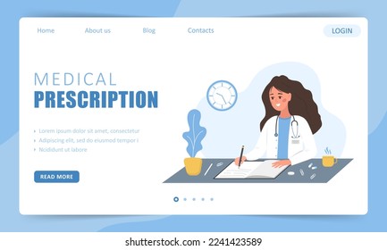 Medical prescription. Landing page template. Female doctor writing recipe for patient. Healthcare and pharmacy concept. Vector illustration in flat cartoon style.