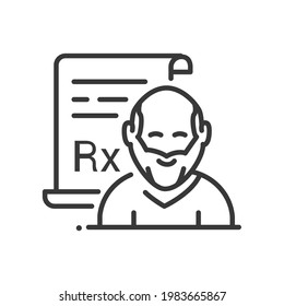 Medical prescription - line design single isolated icon on white background. High quality black pictogram. Image of a retired person and medication form. Elderly people care, healthcare idea