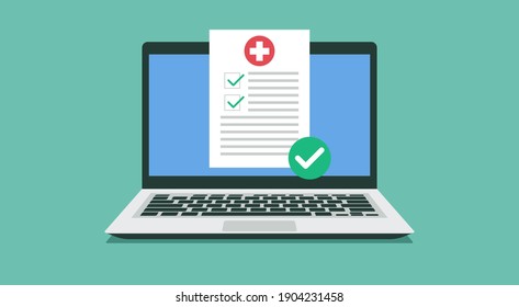 medical prescription on laptop computer screen concept, online healthy electronic check list and distance internet medicine, flat vector illustration