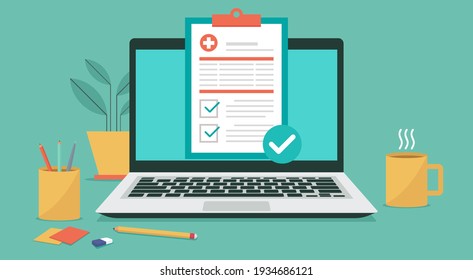 medical prescription on laptop computer screen, online healthcare electronic checklist and telehealth concept, flat vector illustration