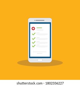 Medical prescription online or digital medicine test results with approved check mark form on mobile phone, cellphone with clinic checklist, flat cartoon modern vector illustration.