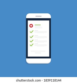 Medical prescription online or digital medicine test results with approved check mark form on mobile phone, cellphone with clinic checklist, flat cartoon modern vector illustration.