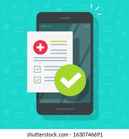 Medical Prescription Online Report Or Digital Medicine Test Results With Approved Check Mark Form On Mobile Phone Vector Illustration Flat Cartoon Modern Design, Cellphone With Clinic Checklist