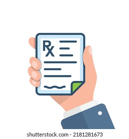 Medical Prescription Pad In Hand Illustration In Flat Style. Rx Form Vector Illustration On Isolated Background. Doctor Document Sign Business Concept.