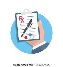 Medical Prescription Pad In Hand Illustration In Flat Style. Rx Form Vector Illustration On Isolated Background. Doctor Document Sign Business Concept.