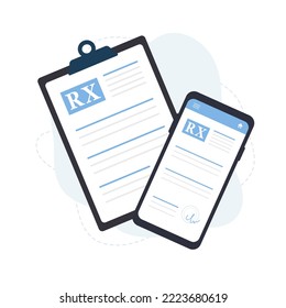 Medical Prescription Pad. Recipe For Pills On Mobile Phone. Healthcare Document Icon. Pharmacy Control. Online Medicine Concept. Vector Illustration In Flat Cartoon Style.