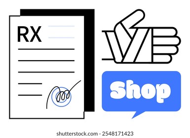 Papel médico recetado con RX, firmado en la parte inferior. Mano vendada dando pulgares hacia arriba. Burbuja azul del discurso con la tienda