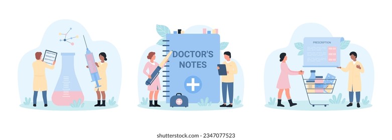 Medical prescription, pharmacy set vector illustration. Cartoon tiny people buy medicines in drugstore on doctors advice, report diagnosis of patient in hospital document, study and research vaccine