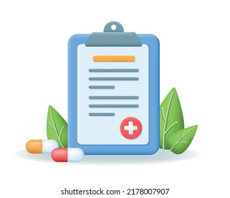 Medical prescription or recomendation with Medicine pills and green leaves. Healthcare and medicine concept. 3d realistic vector icons isolated on white background.