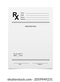 Medical prescription RX form, pharmacy and hospital realistic vector paper blank sheet. RX prescription or doctor and pharmacist note pad or medicine document to refill for patient drugs and pills