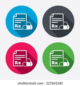 Medical Prescription Rx Sign Icon. Pharmacy Or Medicine Symbol. With Two Pills. Circle Buttons With Long Shadow. 4 Icons Set. Vector