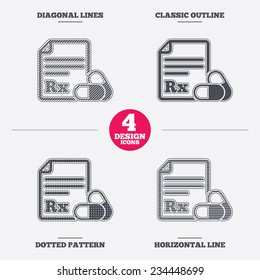 Medical prescription Rx sign icon. Pharmacy or medicine symbol. With two pills. Diagonal and horizontal lines, classic outline, dotted texture. Pattern design icons.  Vector