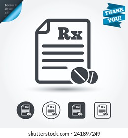 Medical prescription Rx sign icon. Pharmacy or medicine symbol. With round tablets. Circle and square buttons. Flat design set. Thank you ribbon. Vector