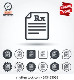 Medical prescription Rx sign icon. Pharmacy or medicine symbol. Circle, star, speech bubble and square buttons. Award medal with check mark. Thank you ribbon. Vector