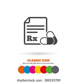 Medical Prescription Rx Sign Icon. Pharmacy Or Medicine Symbol. With Two Pills. Classic Flat Icon. Colored Circles. Vector