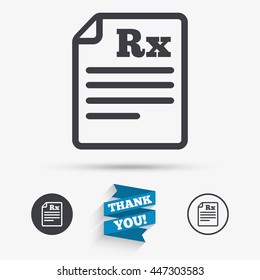 Medical Prescription Rx Sign Icon. Pharmacy Or Medicine Symbol. Flat Icons. Buttons With Icons. Thank You Ribbon. Vector