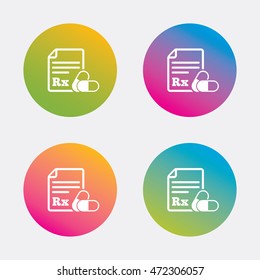 Medical prescription Rx sign icon. Pharmacy or medicine symbol. With two pills. Gradient flat buttons with icon. Modern design. Vector