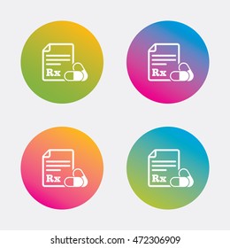 Medical prescription Rx sign icon. Pharmacy or medicine symbol. With two pills. Gradient flat buttons with icon. Modern design. Vector