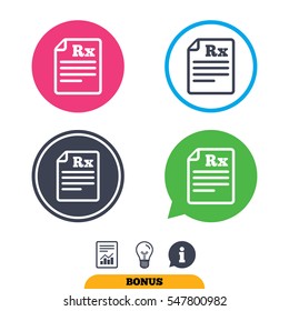 Medical prescription Rx sign icon. Pharmacy or medicine symbol. Report document, information sign and light bulb icons. Vector