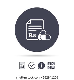 Medical Prescription Rx Sign Icon. Pharmacy Or Medicine Symbol. With Two Pills. Report Document, Information And Check Tick Icons. Currency Exchange. Vector