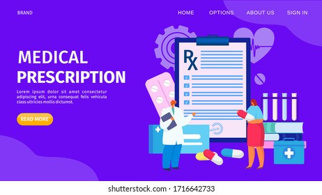 Medical prescription service, landing vector illustration. Medicament list document for patient healthcare. Doctor prescribe pills for disease treatment, pharmaceutical product for woman.