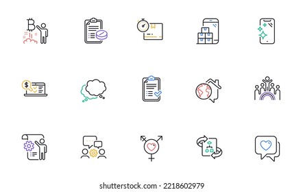 Medical prescription, Settings blueprint and Cardboard box line icons for website, printing. Collection of Mobile inventory, Speech bubble, Approved checklist icons. Technical algorithm. Vector