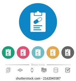 Medical prescription solid flat white icons on round color backgrounds. 6 bonus icons included.