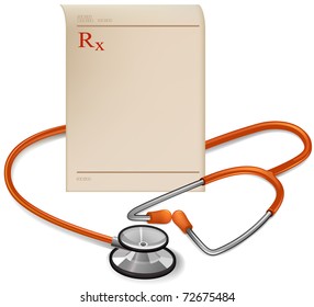 Medical prescription and Stethoscope isolated in white, vector