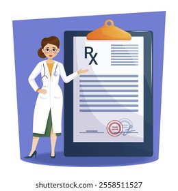 Medical prescription. A uniformed female doctor shows a prescription for a patient. Concept of health care, treatment and pharmacy. Vector illustration in cartoon style.