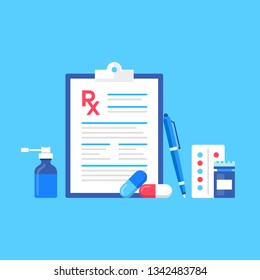 Medical prescription. Vector illustration. RX concepts. Modern flat design. Clipboard with prescription form, pen, drugs, bottle of pills, nasal spray