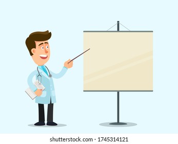 Medical presentation, doctor is giving a lecture. Specialist physician stands near a blank placard and points to it with a pointer. Vector illustration, flat cartoon, isolated background.