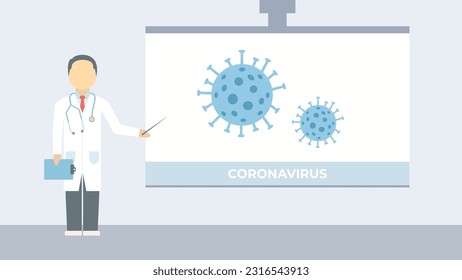 Medical presentation, doctor's speech, overcoming the coronavirus pandemic illustration. Healthcare education concept.