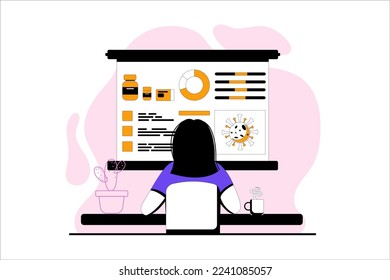 Medical presentation purple concept with people scene in the flat cartoon style. Employee prepares a presentation on a medical topic. Vector illustration.