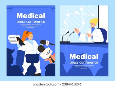 Medical press conference posters set. Woman scientist in medical coat with microiphones. Conference and lecture, public speaker. Cartoon flat vector collection isolated on blue background