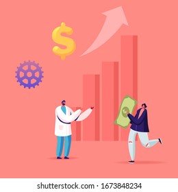 Medical Price, Medicine Services Cost And Expenses Concept. Female Patient Character Carry Huge Dollar Bill To Male Doctor In White Robe Front Of Grow Column Chart. Cartoon People Vector Illustration