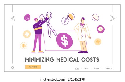 Medical Price, Medicine Services and Health Care Cost and Expenses Landing Page Template. Male Patient Character Cut Huge Dollar Bill near Doctor in White Robe. Linear People Vector Illustration
