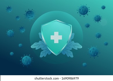 medical probiotics with healthy shield vector illustration isolated with blue green background. Realistic shield protection from virus bacteria