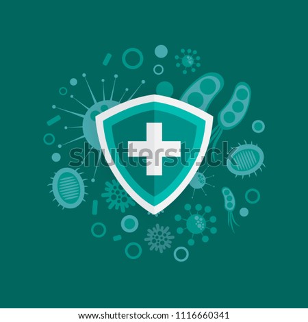 medical probiotics with healthy shield vector illustration isolated with blue green background