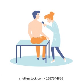 Medical procedure dermatoscopy. A dermatologist examines a patients skin.