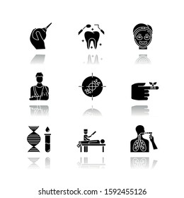 Medical procedure drop shadow black glyph icons set. Healthcare. Orthopedic cast. Immunotherapy. Dental care. Cosmetology. Bandaging. Genetics. Autopsy. Bronchoscopy. Isolated vector illustrations