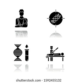 Medical procedure drop shadow black glyph icons set. Orthopedic cast. Fractured bone. Immunotherapy. Genetic test. DNA, molecules. Autopsy diagnosis. Death cause. Isolated vector illustrations