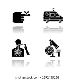 Medical procedure drop shadow black glyph icons set. Bandaging hurt finger. Emergency care. Ambulance transportation. Bronchoscopy. Lung examination. Infection lab test. Isolated vector illustrations