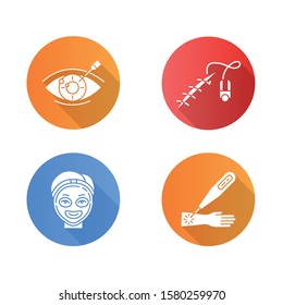 Medical procedure flat design long shadow glyph icons set. Vision correction. Eyesight disorder. Stitching open wound. Cosmetology. Laser therapy on arm. Healthcare. Vector silhouette illustration