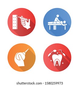 Medical procedure flat design long shadow glyph icons set. Injection with syringe. Massage. Lavement. Dental care. Oral health. Clinical aid. Constipation help. Vector silhouette illustration