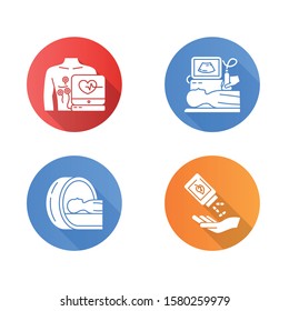 Medical procedure flat design long shadow glyph icons set. Electrocardiogram. Ultrasound diagnostics. Tomography. Brain scan. Homeopathy. Organic pills. Vector silhouette illustration